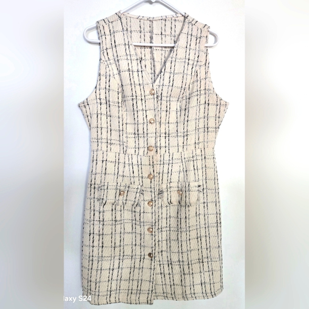 SHEIN Cream and Black Plaid Button-Up Mini Dress